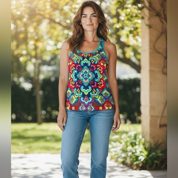 Title Nine Active Racer T back Top, Built-in Bra, Boho Moroccan | M - Picture 1 of 7